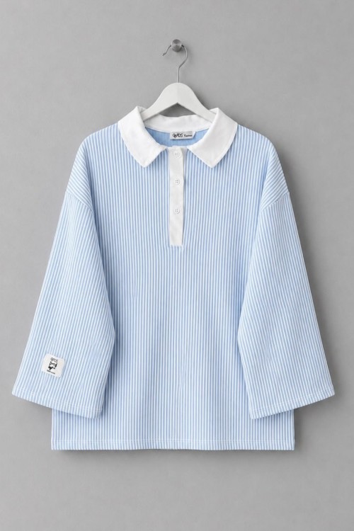Gömlek Yaka Çizgili Sweatshirt Bebe Mavisi