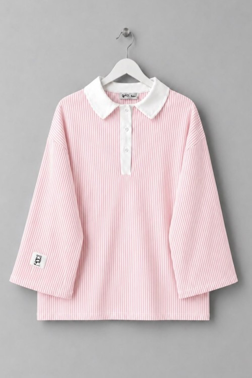 Gömlek Yaka Çizgili Sweatshirt Pembe