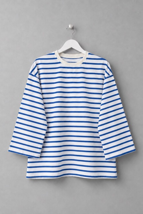 Bisiklet Yaka Çizgili Sweatshirt Saks Mavisi