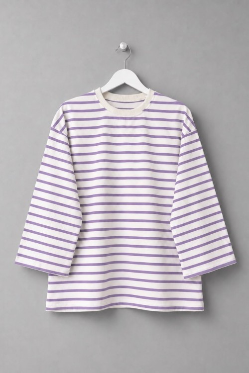 Bisiklet Yaka Çizgili Sweatshirt Lila