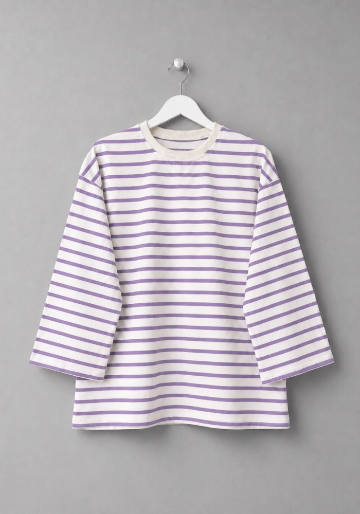 Bisiklet Yaka Çizgili Sweatshirt Lila