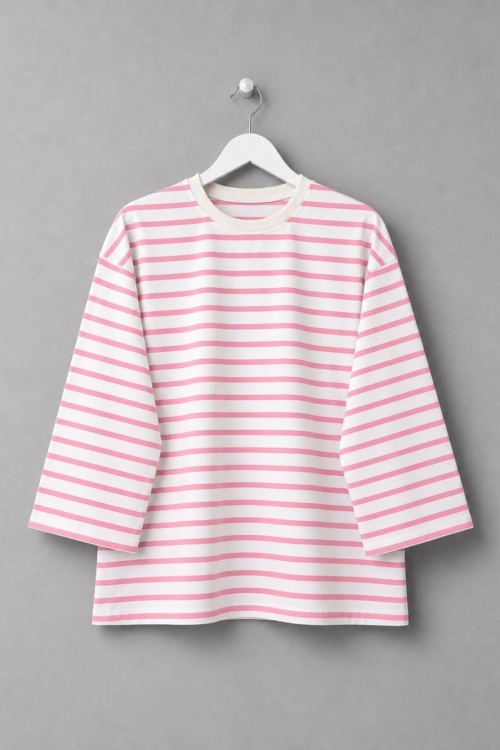 Bisiklet Yaka Çizgili Sweatshirt Pembe