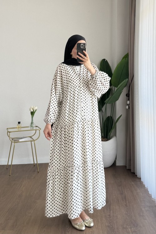 Puantiyeli Oversize Elbise Ekru