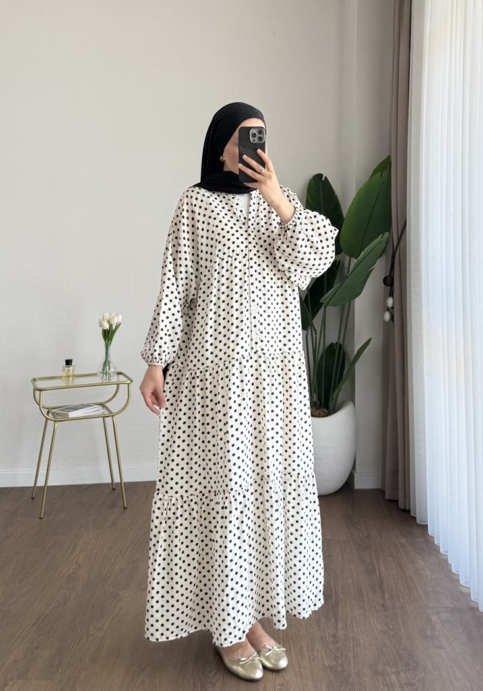 Puantiyeli Oversize Elbise Ekru