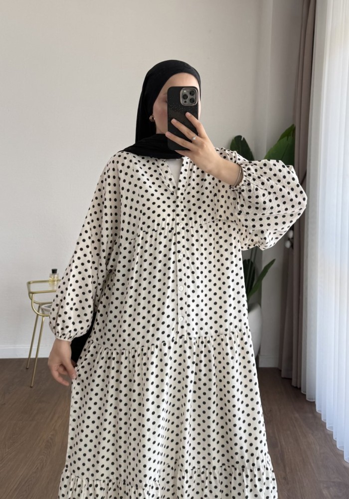 Puantiyeli Oversize Elbise Ekru