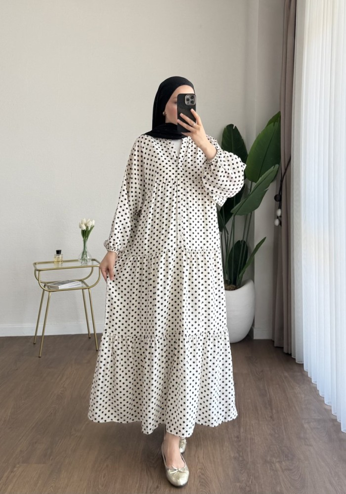 Puantiyeli Oversize Elbise Ekru