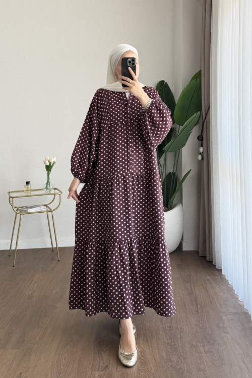 Puantiyeli Oversize Elbise Bordo