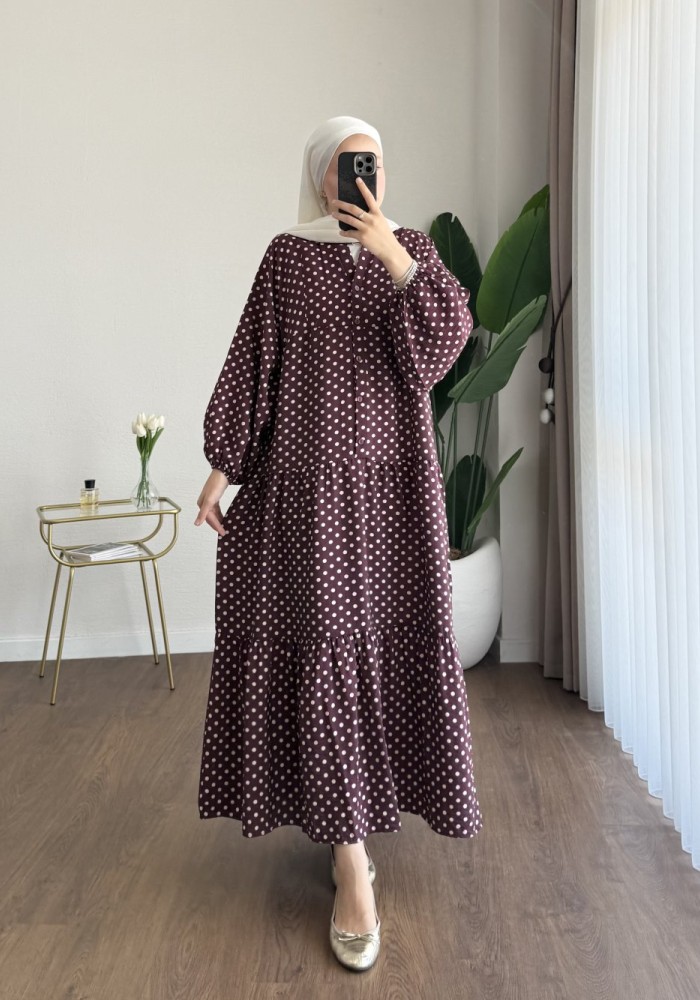 Puantiyeli Oversize Elbise Bordo