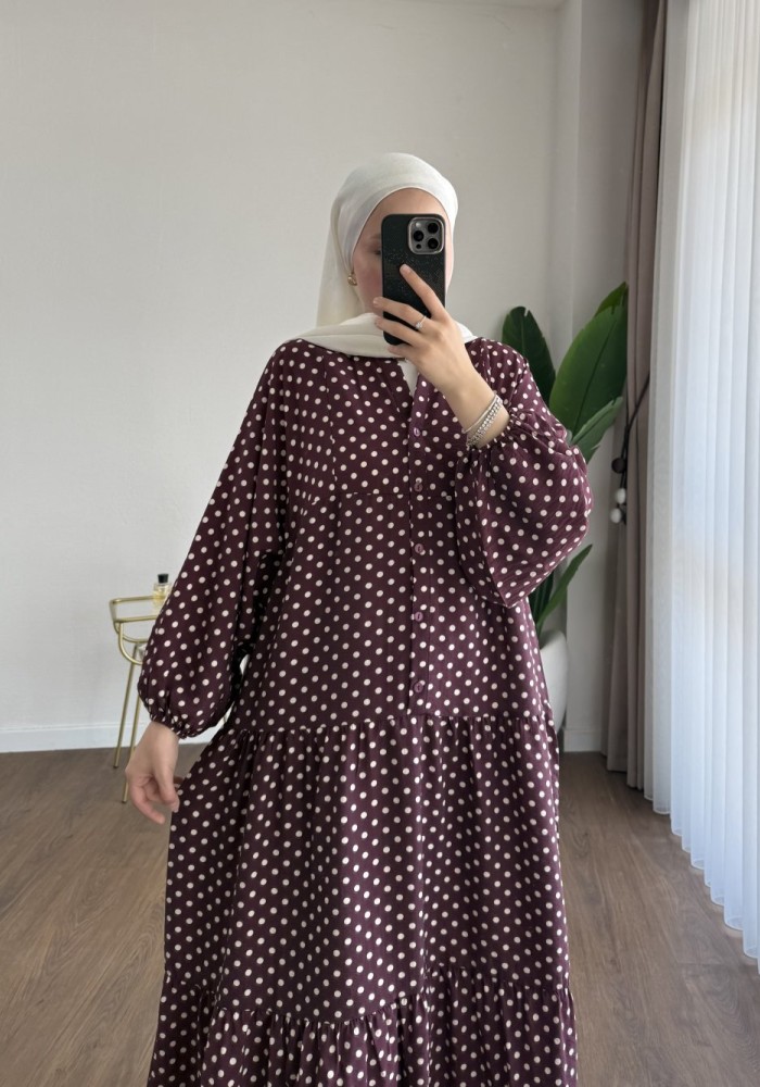 Puantiyeli Oversize Elbise Bordo