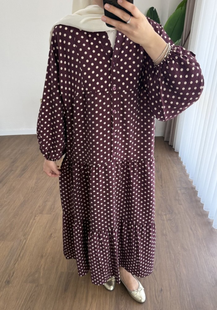 Puantiyeli Oversize Elbise Bordo