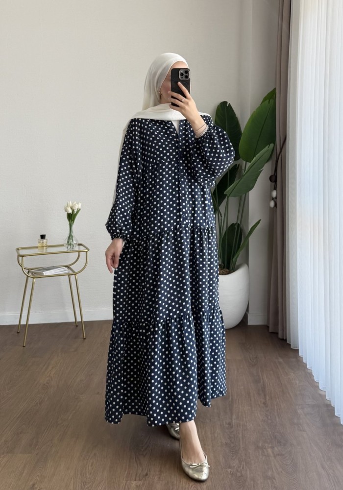 Puantiyeli Oversize Elbise Lacivert