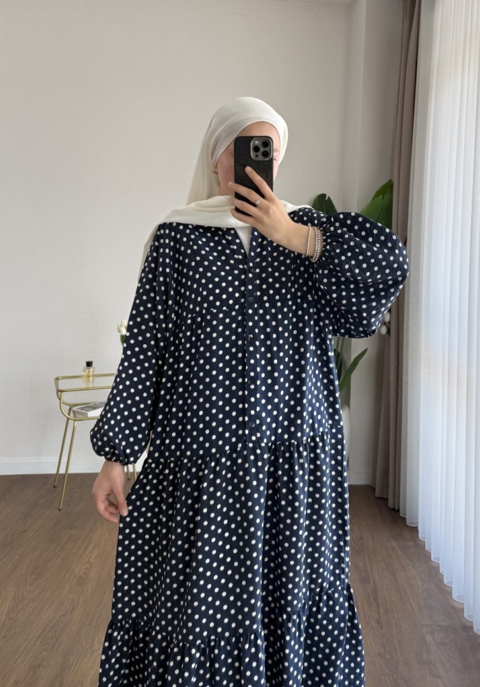 Puantiyeli Oversize Elbise Lacivert