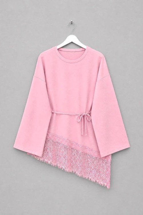Eteği Dantel Detaylı Bluz Pembe