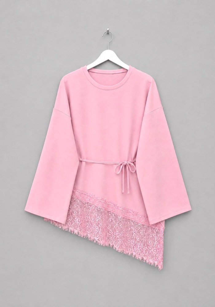 Eteği Dantel Detaylı Bluz Pembe