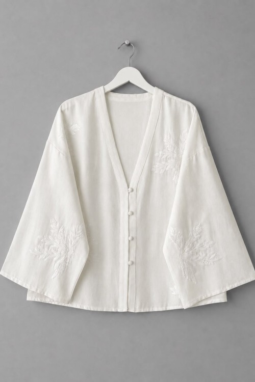 Nakış Detaylı Oversize Keten Kimono Ekru