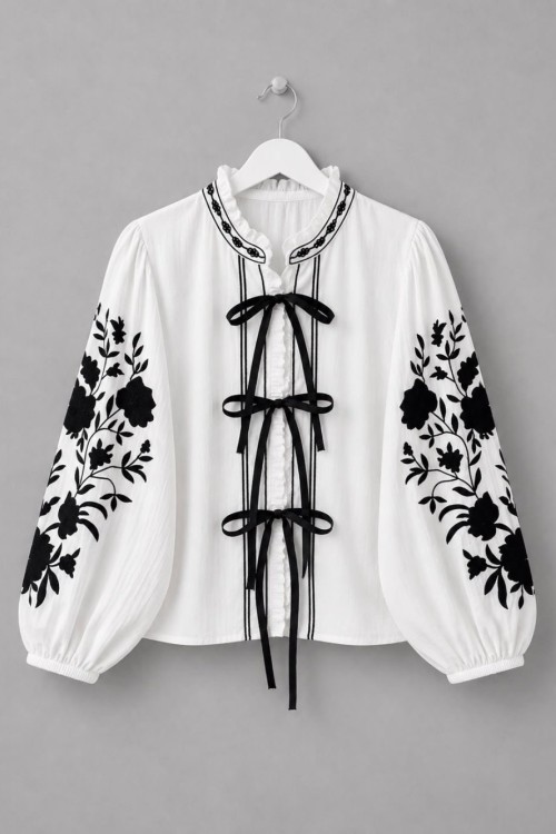 Balon Kol Nakışlı Kimono Siyah