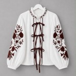 Balon Kol Nakışlı Kimono Kahverengi
