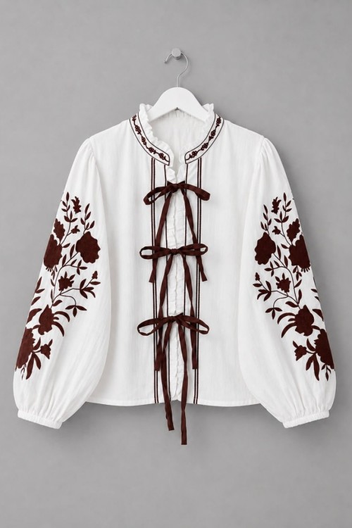 Balon Kol Nakışlı Kimono Kahverengi