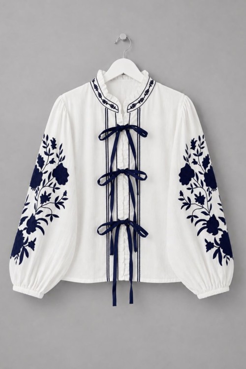 Balon Kol Nakışlı Kimono Lacivert