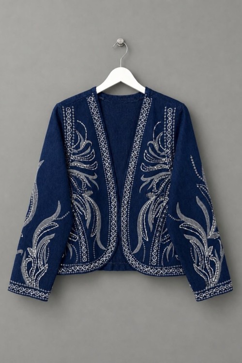 Pul İşlemeli Denim Ceket Lacivert