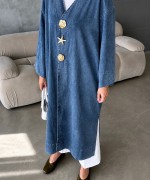 Broşlu Uzun Denim Kap Kar Yıkama Mavi