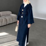 Broşlu Uzun Denim Kap Lacivert