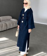 Broşlu Uzun Denim Kap Lacivert