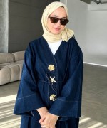 Broşlu Uzun Denim Kap Lacivert