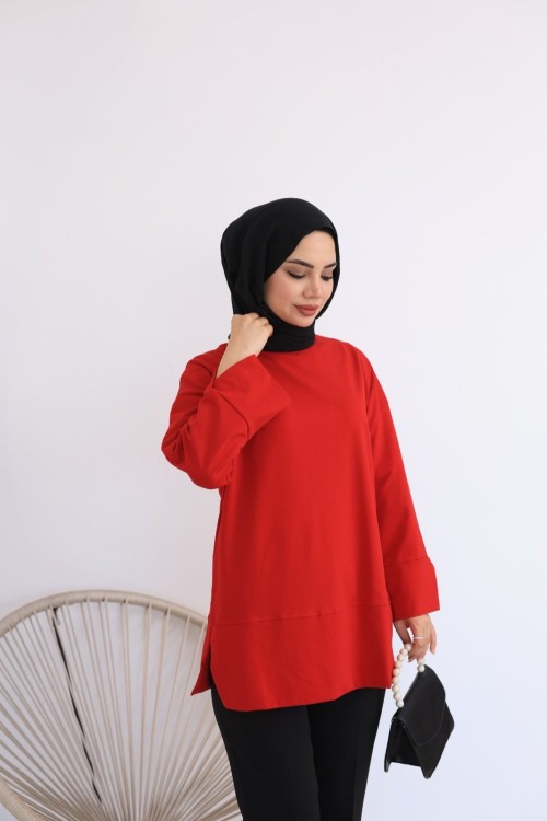 Yırtmaçlı Sweatshirt Kırmızı