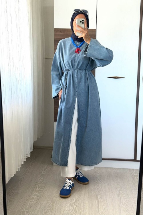 Yırtmaçlı Denim Tunik Kar Yıkama Mavi