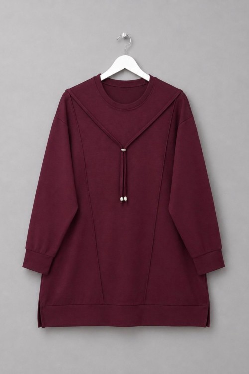 Bağcık Detaylı Çımalı Tunik Bordo