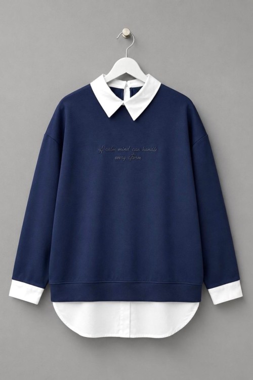 Gömlek Garnili Baskılı Sweatshirt Lacivert