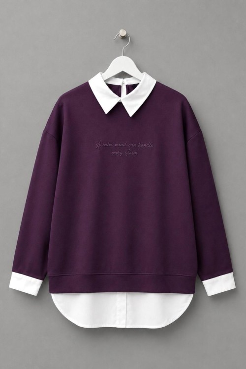 Gömlek Garnili Baskılı Sweatshirt Mürdüm