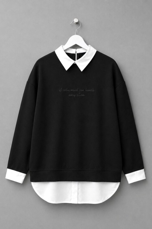 Gömlek Garnili Baskılı Sweatshirt Siyah