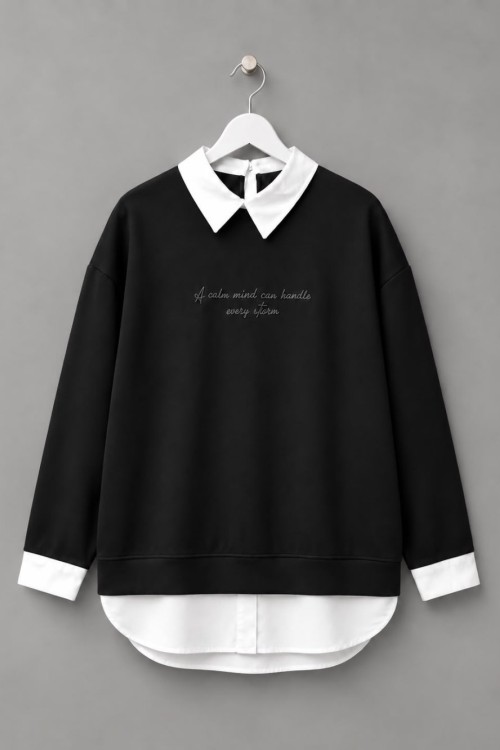 Gömlek Garnili Baskılı Sweatshirt Siyah