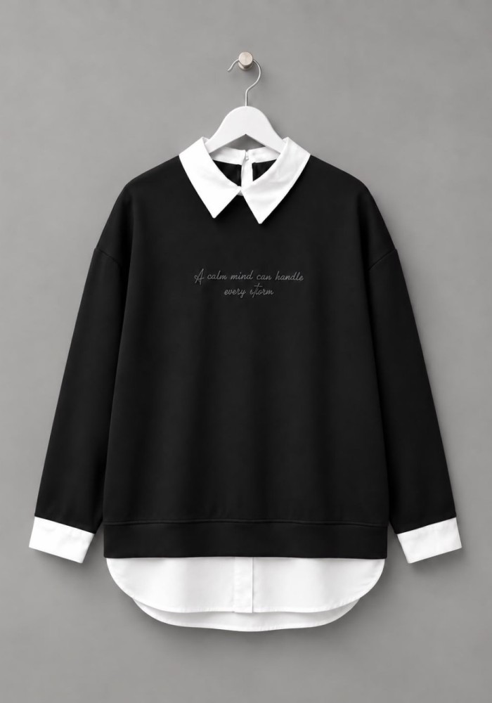 Gömlek Garnili Baskılı Sweatshirt Siyah