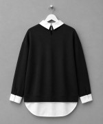 Gömlek Garnili Baskılı Sweatshirt Siyah