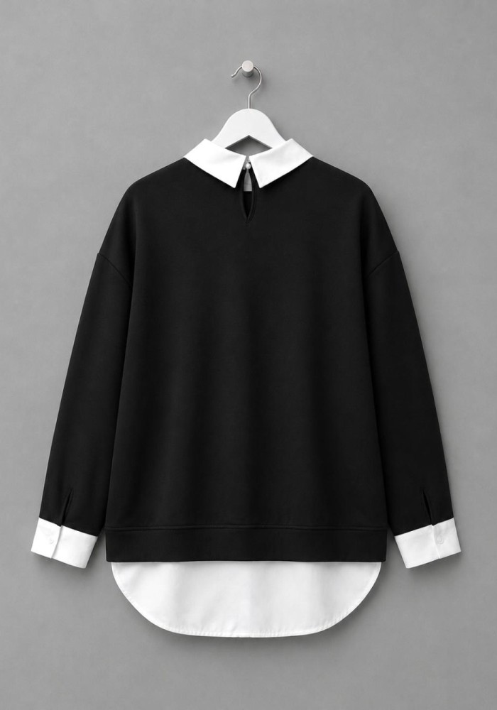 Gömlek Garnili Baskılı Sweatshirt Siyah