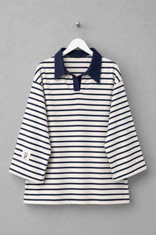 Yakalı Çizgili Sweatshirt Lacivert