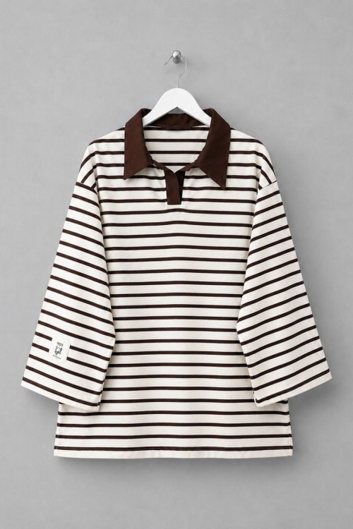 Yakalı Çizgili Sweatshirt Kahverengi