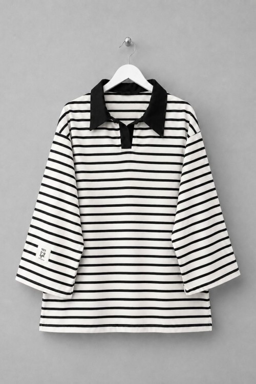 Yakalı Çizgili Sweatshirt Siyah