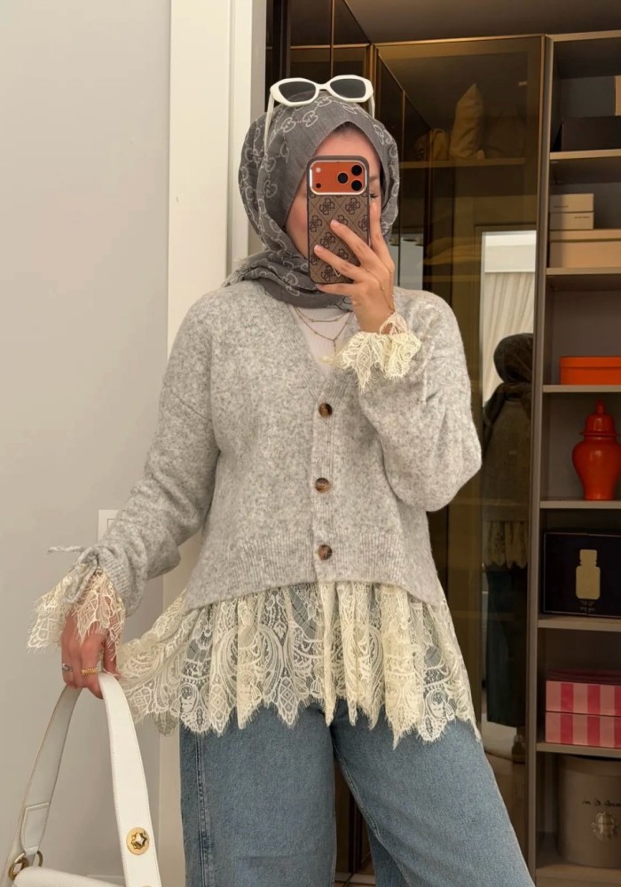 Kolları Büzgülü Dantel Detaylı Hırka Gri