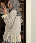 Kolları Büzgülü Dantel Detaylı Hırka Gri