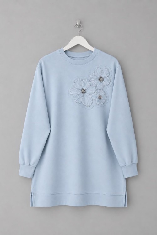 Tül Çiçek İşlemeli Tunik Bebe Mavisi