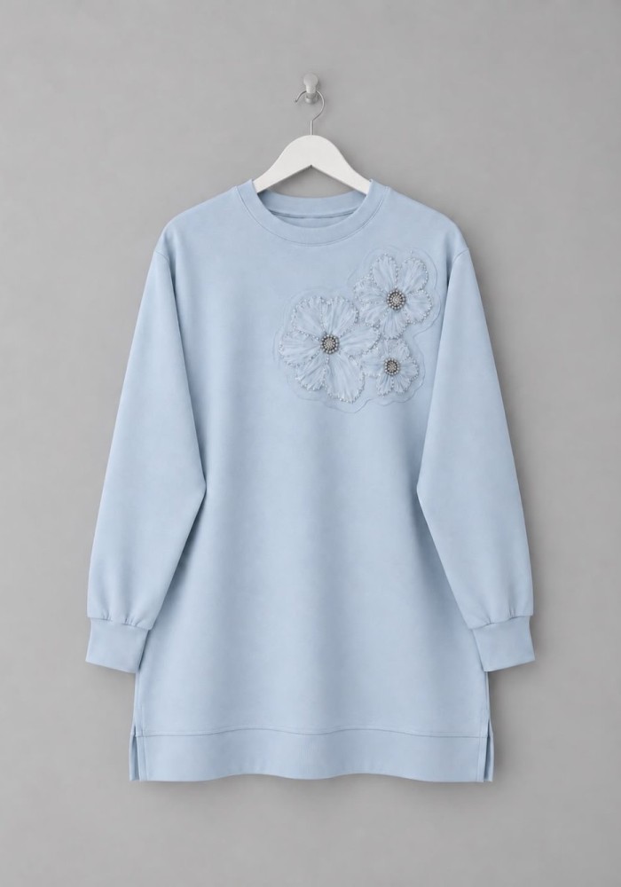 Tül Çiçek İşlemeli Tunik Bebe Mavisi