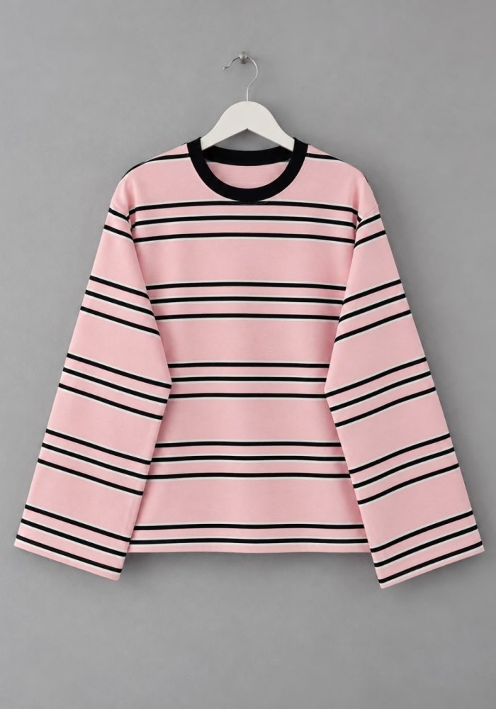 İki İplik Çizgili Sweatshirt Pembe