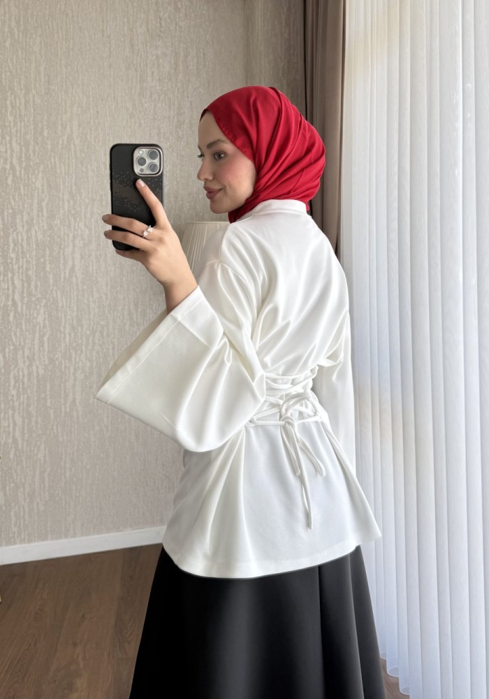 Arkası Bağlamalı Oysh Bluz Ekru