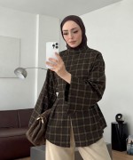 Önü Yırtmaçlı Ekose Bluz Haki
