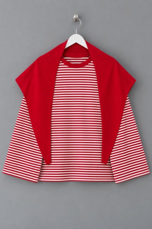 Şal Detaylı Çizgili Sweatshirt Kırmızı