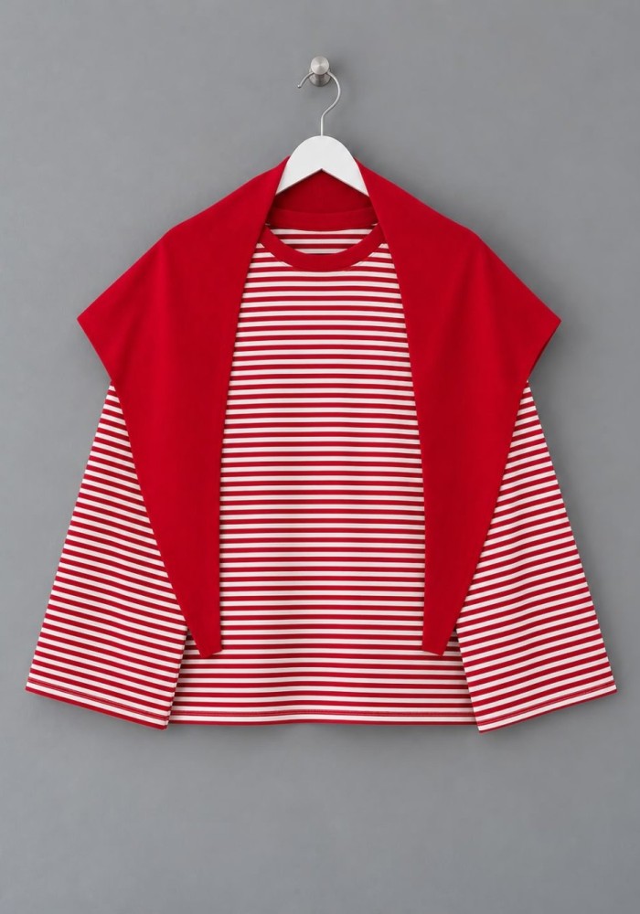 Şal Detaylı Çizgili Sweatshirt Kırmızı